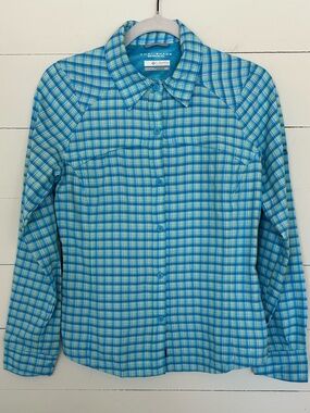 NWOT Columbia Women’s Turquoise Plaid Omni-Shade Button-Down Shirt, Size S/P